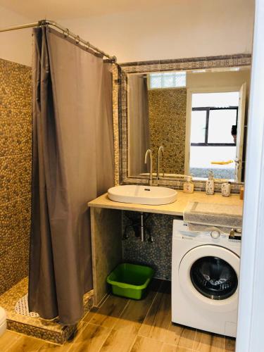 a bathroom with a washing machine and a sink at VILLAPARADISO Beach front Villa Makris Gialos in Argostoli