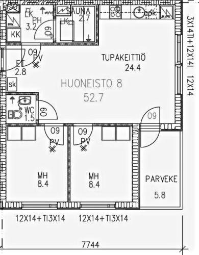 a black and white floor plan of a house at Lapland Happiness Hillakka 2 a8 in Äkäslompolo