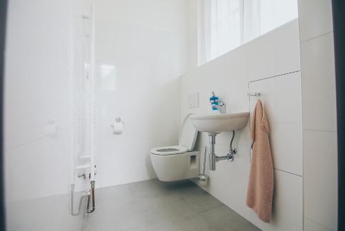 a white bathroom with a sink and a toilet at Vila Šumná in Luhačovice