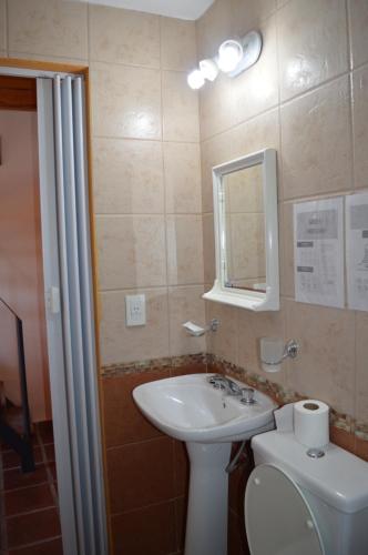 a bathroom with a sink and a toilet and a mirror at Cabañas Kumelkalechi in Los Reartes