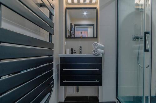 uma casa de banho com um lavatório e um espelho em Appartement lumineux Côte des Basques em Biarritz