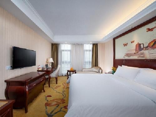 Vienna Hotel Chongqing Chuangyi Park في Shiping: غرفة فندقية فيها سرير ومكتب وتلفزيون