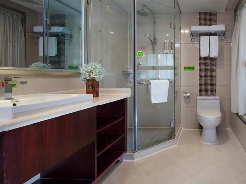 a bathroom with a shower and a sink and a toilet at Vienna International Hotel Yangshuo West Street in Yangshuo