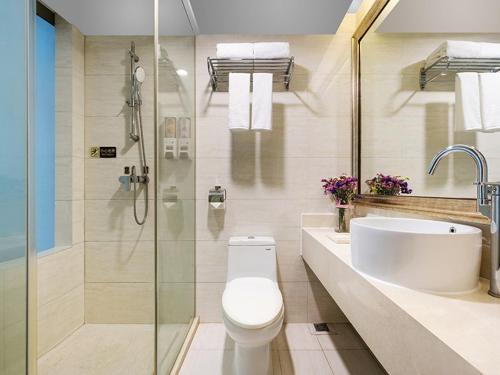 Vienna International Hotel - Hangzhou Wulin Square Branch في هانغتشو: حمام مع مرحاض ومغسلة ودش