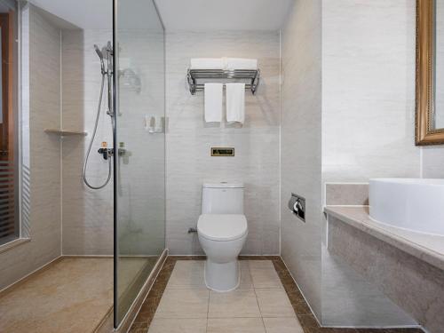 Vienna International Hotel Changsha Ziwei Road في تشانغشا: حمام مع دش ومرحاض ومغسلة