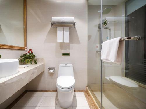 een badkamer met een toilet, een wastafel en een douche bij Vienna Hotel Anhui Hefei Sanxiaokou in Hefei