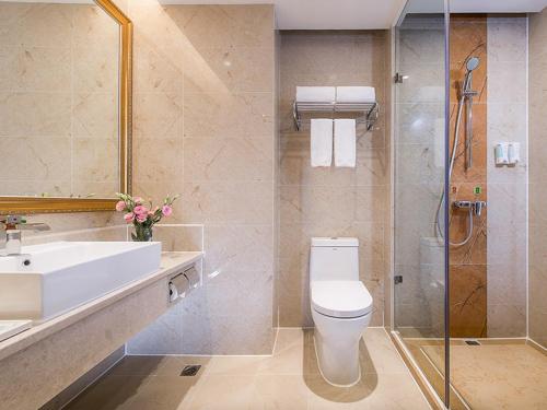 La salle de bains est pourvue de toilettes, d'un lavabo et d'une douche. dans l'établissement Vienna International Hotel Shenzhen Qianhai, à Shenzhen