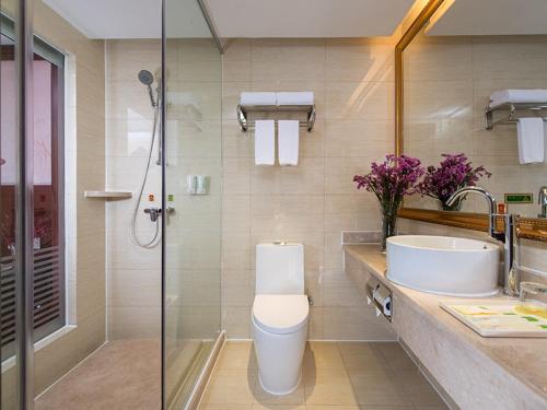 深圳的住宿－維也納酒店深圳水庫新村店，浴室配有卫生间、盥洗盆和淋浴。