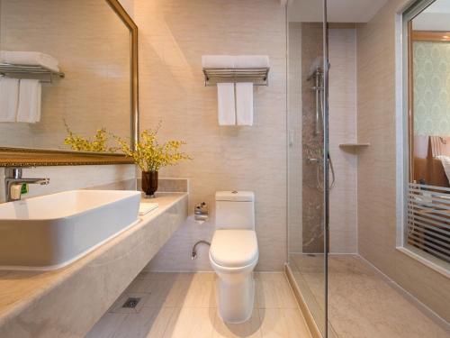 een badkamer met een toilet, een wastafel en een douche bij Vienna Hotel Shenzhen Guanlan Renming Road Heping in Tiantangwei