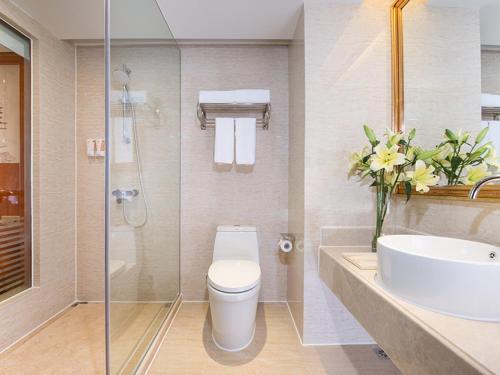 a bathroom with a toilet and a sink and a shower at Vienna Hotel Shenzhen Bantian South Huancheng Road in Shenzhen