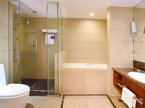 長沙市にあるVienna International Hotel Hunan Changsha Time Dijingのシャワー、トイレ、洗面台を備えたバスルーム