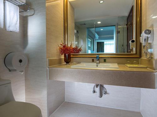 een badkamer met een wastafel, een spiegel en een toilet bij Vienna Hotel Shenzhen Futian Bagua Road in Shenzhen