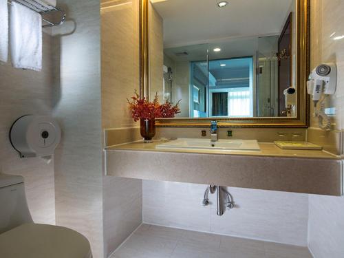 a bathroom with a sink and a mirror and a toilet at Vienna Hotel Shenzhen Futian Bagua Road in Shenzhen