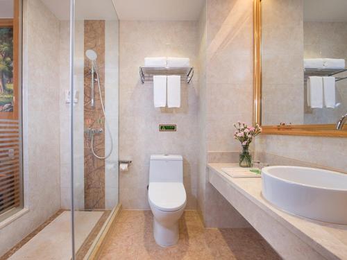 ShengzhouにあるVienna Hotel (Shengzhou Bada Hotel)のバスルーム(トイレ、洗面台、シャワー付)