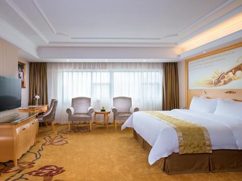 東莞市にあるVienna Hotel Guangdong Gaozhou City East Passenger Depotの大きなベッドとテレビがあるホテルの部屋