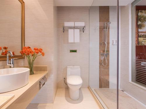 y baño con aseo, lavabo y ducha. en Vienna Hotel Shenzhen Bao'an Xin'an en Bao'an