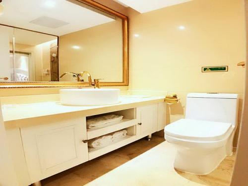 ein Badezimmer mit einem Waschbecken, einem WC und einem Spiegel in der Unterkunft Vienna International Hotel Guilin Wanda Plaza in Guilin