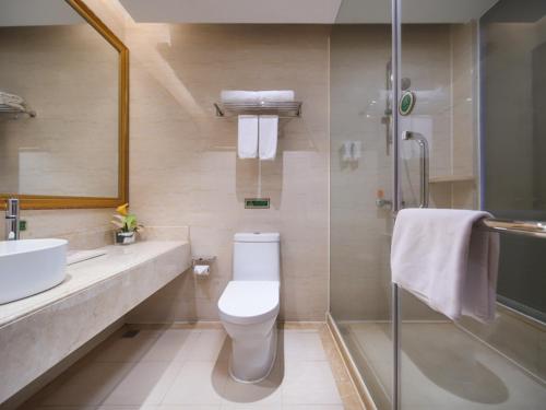 ein Bad mit einem WC, einem Waschbecken und einer Dusche in der Unterkunft Vienna International Hotel Nanchang Xinjian Center in Nanchang