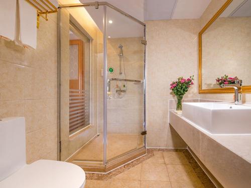 een badkamer met een douche, een wastafel en een toilet bij Vienna Hotel Zhongshan Central Coach Station in Changzhou