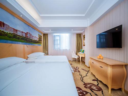 a hotel room with a bed and a television at vienna hotel (HuaZhong Agricultural University in South Lake Store) in Wuhan