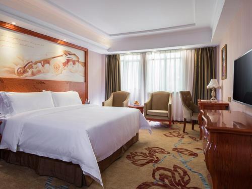 um quarto de hotel com uma cama grande e uma televisão em Vienna Hotel Longchuan em Longchuan