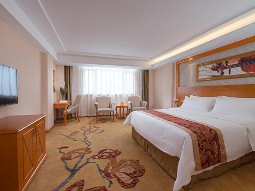 een hotelkamer met een groot bed en een televisie bij Vienna Hotel Zhongshan Central Coach Station in Changzhou