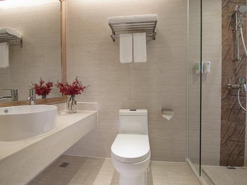 a bathroom with a toilet and a sink and a shower at Vienna Hotel Foshan Huangqi in Nanhai