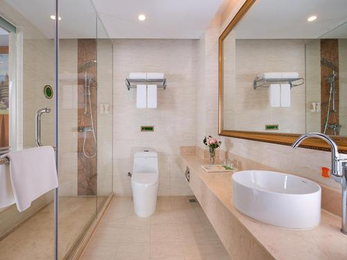 a bathroom with a sink and a toilet and a mirror at Vienna Hotel Guangdong Zhongshan Nanlang in Zhongshan