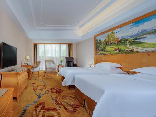 Vienna Hotel Chengdu Wenjiang Zhujiang Plaza tesisinde bir odada yatak veya yataklar