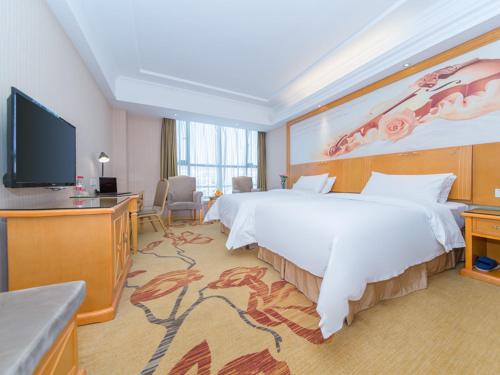 um quarto de hotel com uma cama grande e uma televisão de ecrã plano em Vienna Hotel Hubei Xiangyang Tanxi Road em Xiangyang