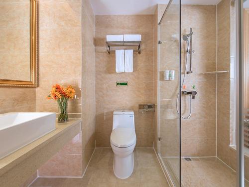 a bathroom with a toilet and a shower and a sink at Vienna Hotel Shenzhen Fuyong Village in Fenghuangwei