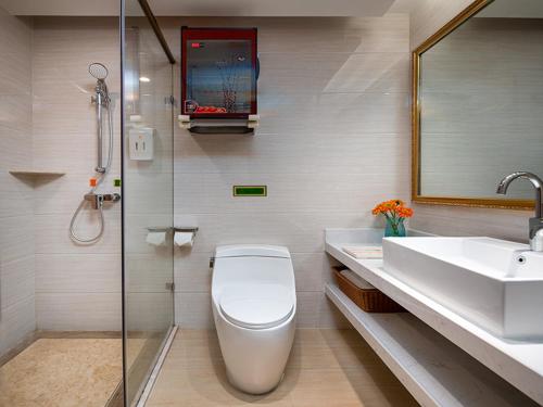 a bathroom with a toilet and a sink and a shower at Vienna Hotel(Xiamen Airport Xianmen Drum Whart) in Xiamen