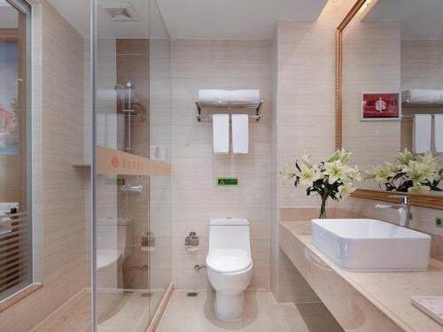 a bathroom with a toilet and a sink at Vienna Hotel Qingyuan Yingde Guangming Road in Yingde
