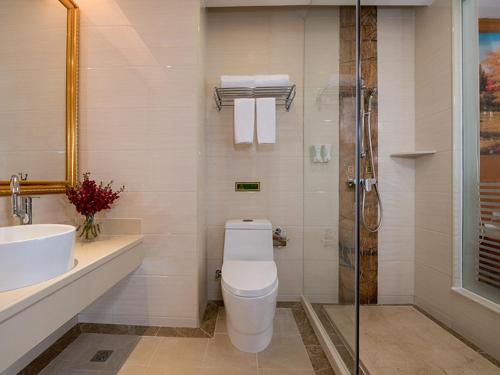 uma casa de banho com um WC, um lavatório e um chuveiro em Vienna Hotel Foshan Ceramic City em Foshan