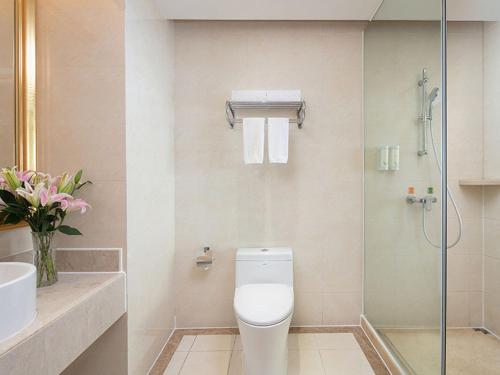 a bathroom with a toilet and a sink and a shower at Vienna International Hotel Jiujiang Shili Street in Jiujiang