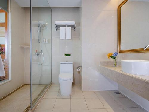 een badkamer met een douche, een toilet en een wastafel bij Vienna Hotel(Zhangzhou Jiaomei WanYi square store) in Longhai