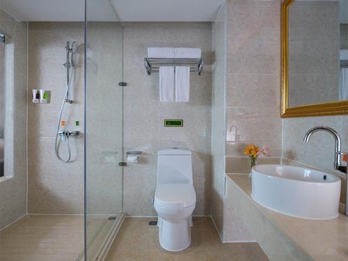 a bathroom with a shower and a toilet and a sink at Vienna Hotel(Shenzhen Pinghu Shuangyong Street Metro Station) in Shenzhen