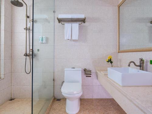 een badkamer met een toilet, een wastafel en een douche bij Vienna Hotel Dongguan Songshan Lake in Dongguan
