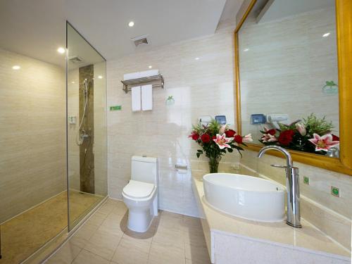 ein Bad mit einem WC, einem Waschbecken und einer Dusche in der Unterkunft Vienna Hotel Heyuan High-Tech Yi Road in Heyuan
