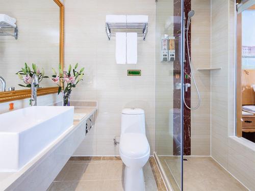 a bathroom with a toilet and a sink and a shower at Vienna International Hotel Zhuhai Golden Phoenix in Zhuhai