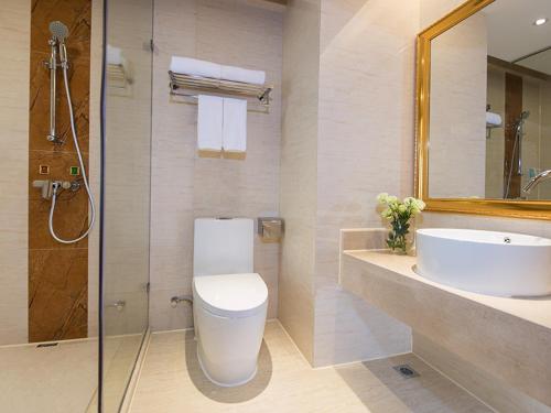 y baño con aseo, lavabo y ducha. en Vienna Hotel Mix City en Shenzhen