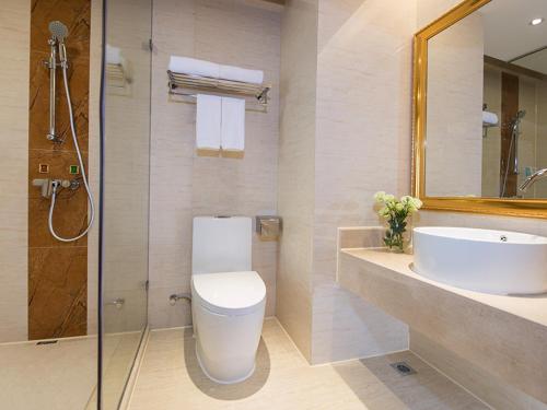 Un baño con inodoro, lavabo y ducha. en Vienna Hotel Mix City, en Shenzhen