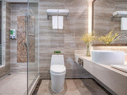 a bathroom with a toilet and a sink and a shower at Vienna International Hotel Guangdong Zhongshanbei Station in Zhongshan