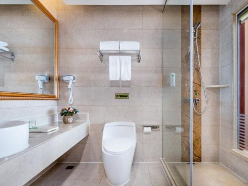 a bathroom with a toilet and a shower at Vienna hotel ( maanshan park post golden eagle international shop) in Ma'anshan