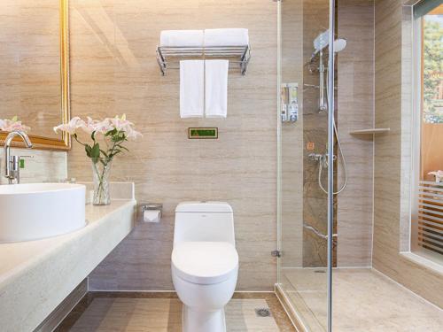uma casa de banho com um WC, um lavatório e um chuveiro em Vienna International Hotel Changsha Shumuling Subway Station em Changsha