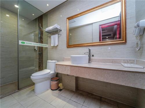上海的住宿－維也納酒店上海浦東金橋公園店，一间带水槽、卫生间和镜子的浴室