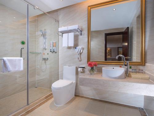 a bathroom with a shower and a toilet and a sink at Vienna International Hotel Huizhou Huidong Honghaiwan in Huidong