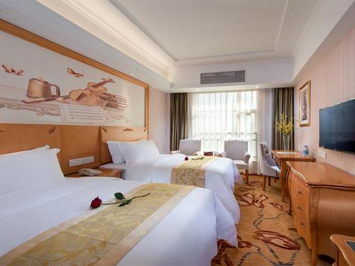 Vienna Hotel Huizhou Baiyun Road في هويزو: غرفه فندقيه سريرين وتلفزيون