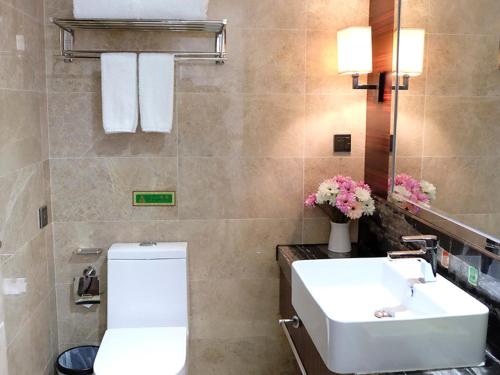 y baño con aseo blanco y lavamanos. en Vienna Hotel Dongguan Gaobu, en Dongguan