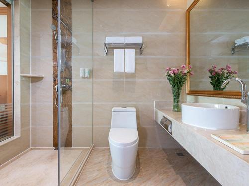 a bathroom with a toilet and a sink and a shower at Vienna International Hotel Guangzhou Xintang Jean Fangzhicheng in Zengcheng